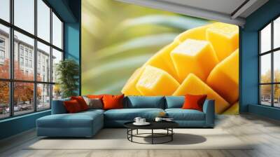 A close-up of a ripe mango showcasing its vibrant yellow flesh and geometric cut pattern. Wall mural