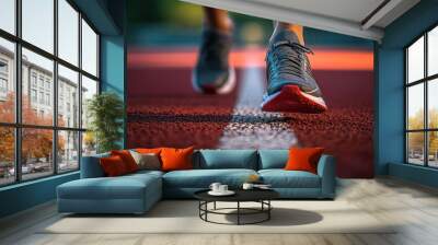 A close-up of a runner's shoe on a track, emphasizing movement and athleticism. Wall mural