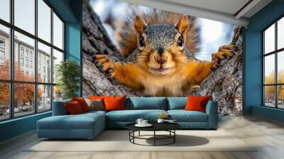 A close-up of a squirrel peeking from a tree, showcasing its expressive face and fur. Wall mural