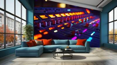 A close-up view of a colorful audio mixing console with illuminated controls and sliders. Wall mural