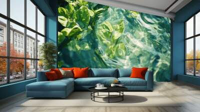 A close-up view of fresh lettuce leaves submerged in clear water, creating a serene atmosphere. Wall mural