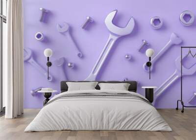 A collection of metallic wrenches, bolts, and nuts arranged on a purple background. Wall mural