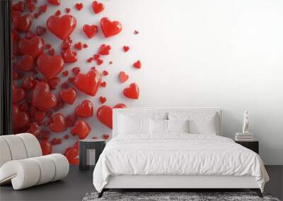 A collection of shiny red hearts scattered on a light background, symbolizing love and affection. Wall mural