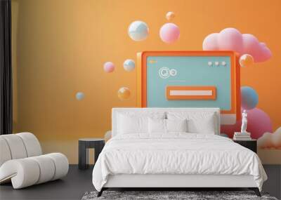 A colorful 3D illustration of a computer with bubbles and clouds, symbolizing digital interaction. Wall mural