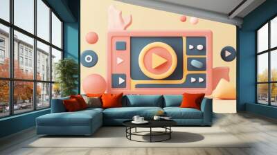 A colorful 3D media player design with play buttons and abstract shapes. Wall mural