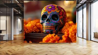 A colorful decorative skull surrounded by marigold flowers, symbolizing D?a de los Muertos. Wall mural