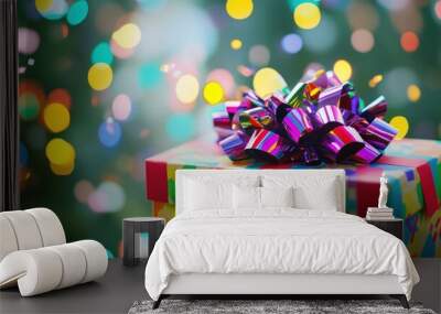 A colorful gift box adorned with a shiny bow, set against a backdrop of festive lights. Wall mural