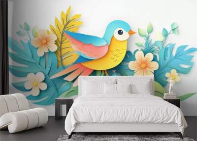 A colorful paper-cut style bird surrounded by vibrant flowers and leaves. Wall mural