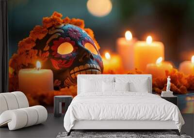 A colorful skull surrounded by marigolds and candles, symbolizing D?a de los Muertos. Wall mural