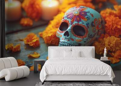 A colorful sugar skull surrounded by marigolds and candles, symbolizing D?a de los Muertos. Wall mural