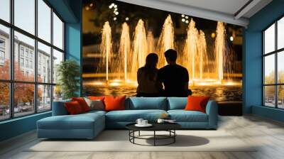 A couple sits by a fountain, illuminated by warm lights, enjoying a romantic evening together. Wall mural