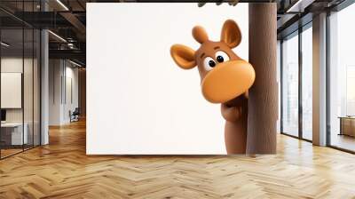 A cute cartoon cow peeks from behind a tree, creating a playful and whimsical atmosphere. Wall mural