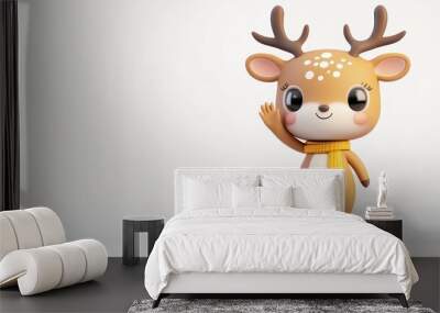 A cute cartoon reindeer character with a scarf, waving cheerfully. Wall mural