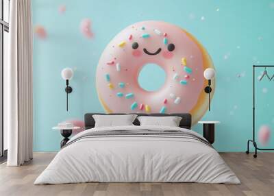 A cute pink donut with sprinkles and a smiling face against a light blue background. Wall mural