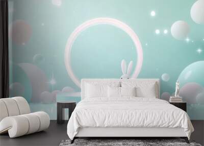 A cute rabbit character stands on a stage surrounded by pastel-colored spheres and light. Wall mural