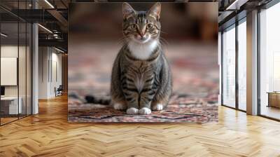 A cute tabby cat sitting on a patterned rug, looking directly at the camera. Wall mural