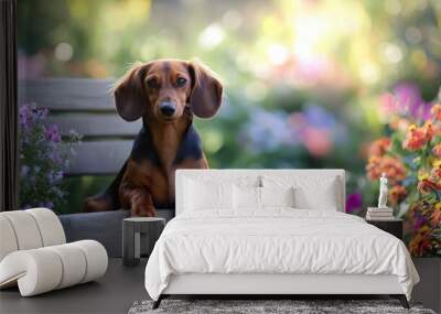 A dachshund rests on a bench surrounded by colorful flowers in a serene garden setting. Wall mural