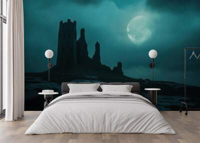 A dark, atmospheric scene featuring a ruined castle under a large moon. Wall mural