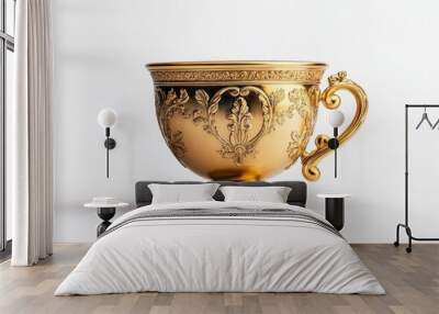 A decorative golden cup with intricate floral designs, suitable for elegant dining or display. Wall mural