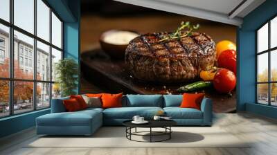 A delicious grilled steak served with colorful vegetables on a wooden board. Wall mural