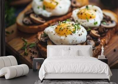 A delicious plate of toasted bread topped with poached eggs and mushrooms. Wall mural