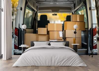 A delivery van's open back filled with various cardboard boxes for transport. Wall mural