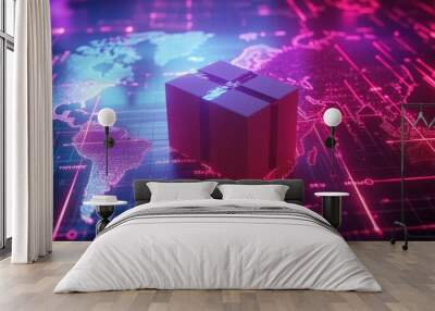 A digital representation of a gift box on a glowing world map background. Wall mural