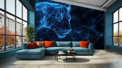 A digital representation of a panther created with glowing blue lines and geometric shapes. Wall mural