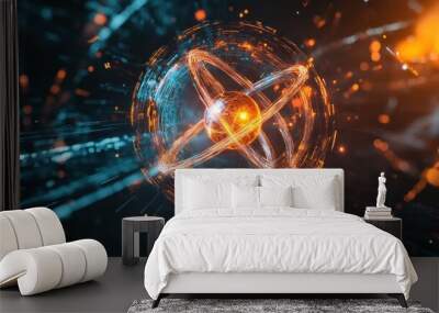 A digital representation of an atom, showcasing energy and atomic structure. Wall mural