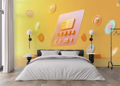 A floating credit card with digital coins, symbolizing modern finance and transactions. Wall mural