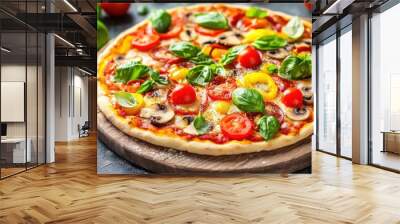 A fresh, colorful pizza topped with vegetables and herbs on a wooden board. Wall mural