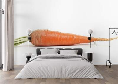 A fresh carrot with green tops, showcasing its vibrant orange color and natural texture. Wall mural