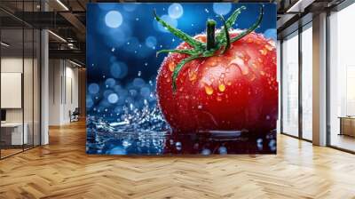 A fresh red tomato with water droplets, set against a blurred blue background. Wall mural