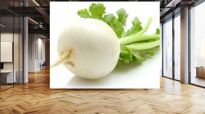 A fresh white radish with green leaves, showcasing its natural form and edible parts. Wall mural