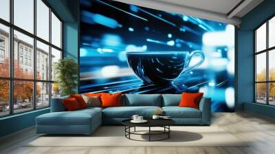 A futuristic cup surrounded by dynamic blue light trails. Wall mural