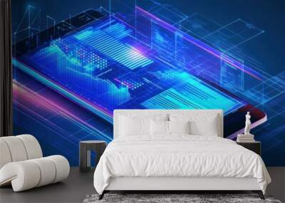 A futuristic smartphone displaying digital data and graphics in a vibrant blue design. Wall mural