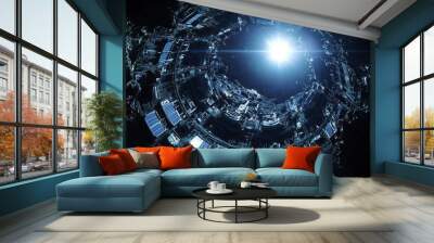 A futuristic space station structure illuminated by a bright light in a dark environment. Wall mural