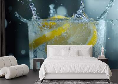 A glass of water with lemon slices creating splashes. Wall mural