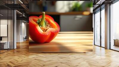 A halved red bell pepper sits on a wooden countertop, showcasing its seeds and vibrant color. Wall mural