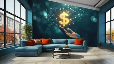 A hand holding a glowing dollar sign, symbolizing finance and opportunity. Wall mural