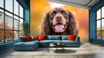 A happy dog with a playful expression against a colorful autumn backdrop. Wall mural