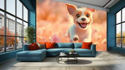 A joyful puppy running through a field of flowers, exuding happiness and playfulness. Wall mural