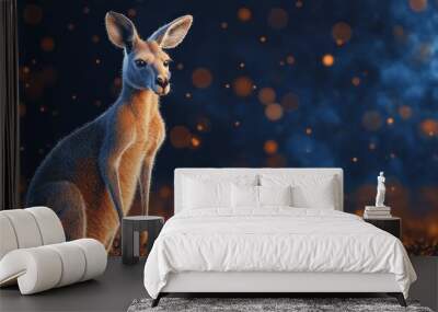 A kangaroo sits against a vibrant, blurred background with glowing orbs. Wall mural