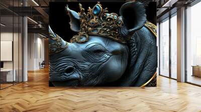 A majestic rhinoceros adorned with an ornate crown, symbolizing royalty and power. Wall mural