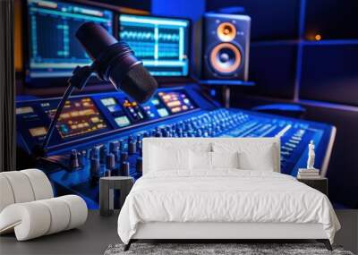 A modern audio mixing console with a microphone and monitors, designed for sound production. Wall mural