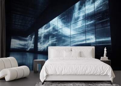 A modern space featuring large screens displaying abstract digital visuals. Wall mural