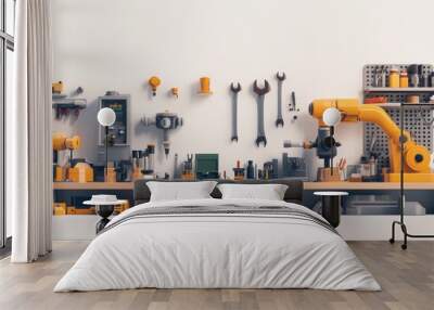 A modern workshop with tools and robotic equipment for industrial tasks. Wall mural