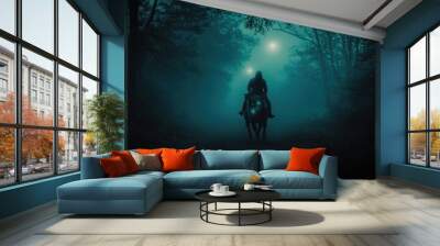 A mysterious figure on a horse rides through a foggy forest illuminated by distant lights. Wall mural