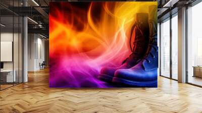 A pair of black boots against a colorful, swirling background. Wall mural