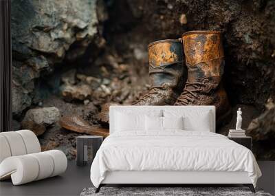 A pair of worn, muddy boots resting on the ground amidst rocky terrain. Wall mural